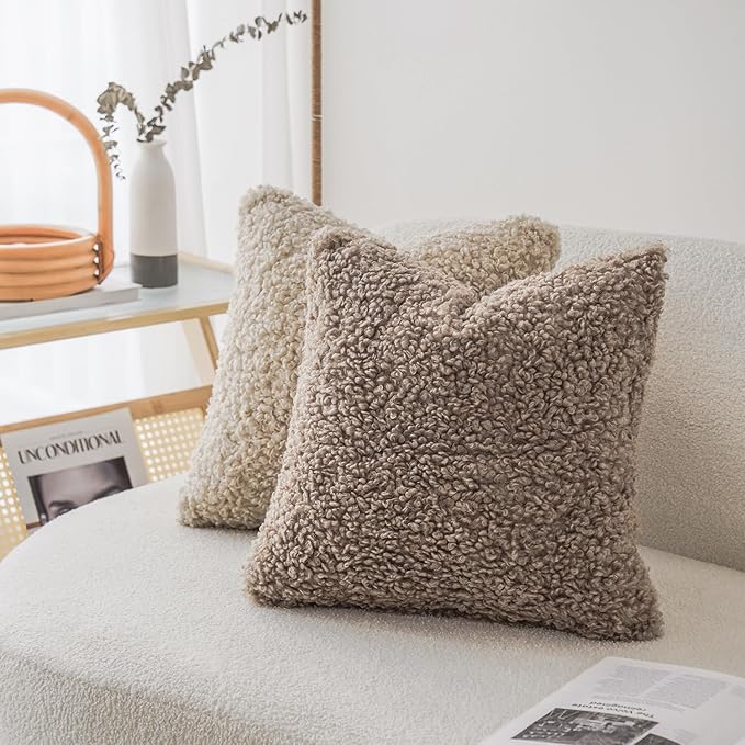 Foindtower 2 Pieces 16x16 Inch Khaki, Faux Fur Throw Pillow Cover Accent Sherpa - Image 5
