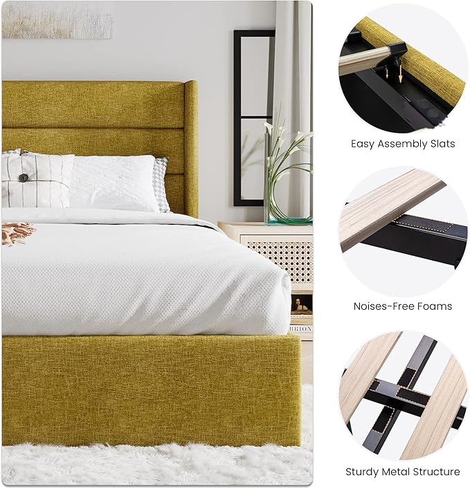 SHA CERLIN King Size Lift Up Storage Bed/Modern Wingback Headboard/Upholstered - Image 4