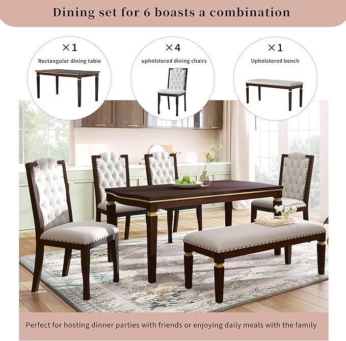 Ball & Cast Dining Table Set for 6, Kitchen Table W/ 4 High-Back Tufted Chairs - Image 6