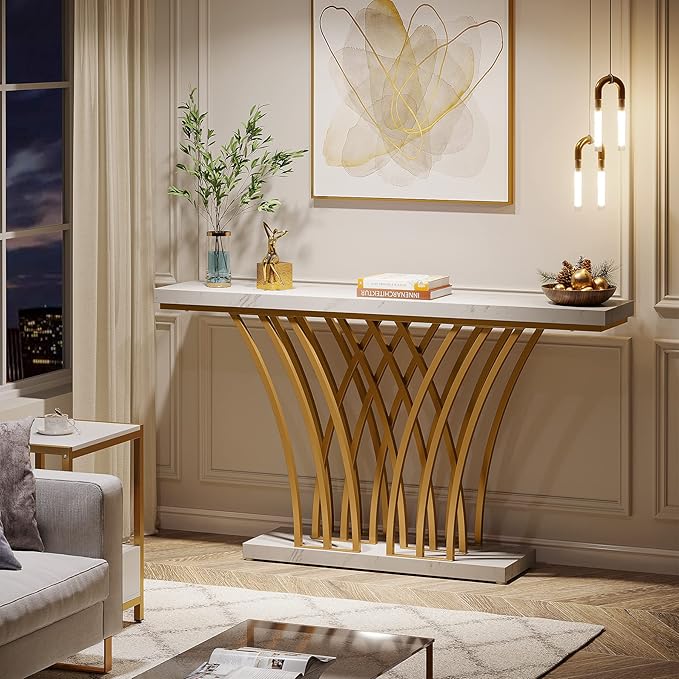 LITTLE TREE Narrow Entryway Console Table, Faux Marble White+Gold - Image 4