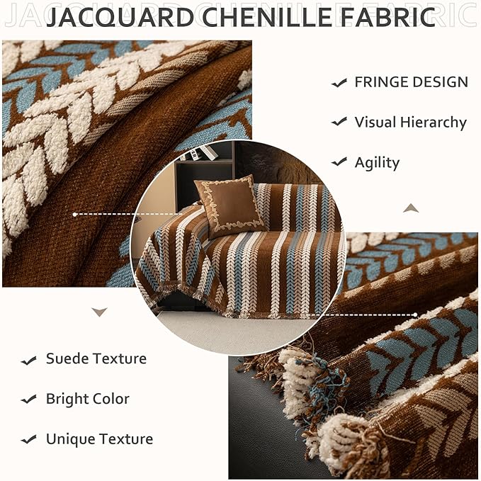 STACYPIK Khaki Jacquard Leaves Sofa Cover, Vintage Couch Cover - Image 4