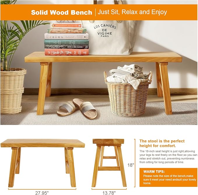 Farmhouse Solid Wood Bench: Long Rustic Indoor Narrow Wooden Bench - Image 2