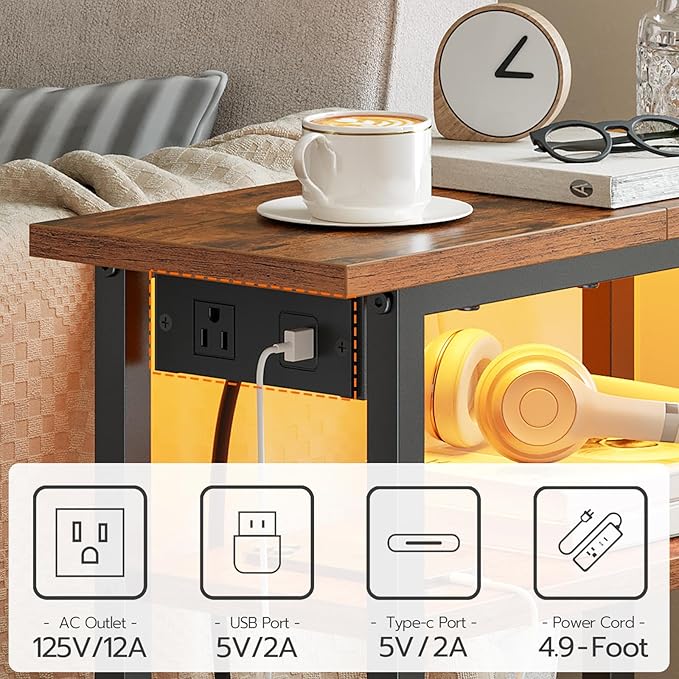 HOOBRO Narrow Side Table with Charging Station and LED Light, Small End Table - Image 6