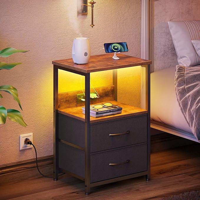 Seventable Nightstand with Charging Station, Bedside Table with LED Lights - Image 2