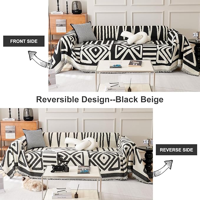 STACYPIK Boho Geometric Sofa Cover Chenille Beige Black Couch Cover - Image 3