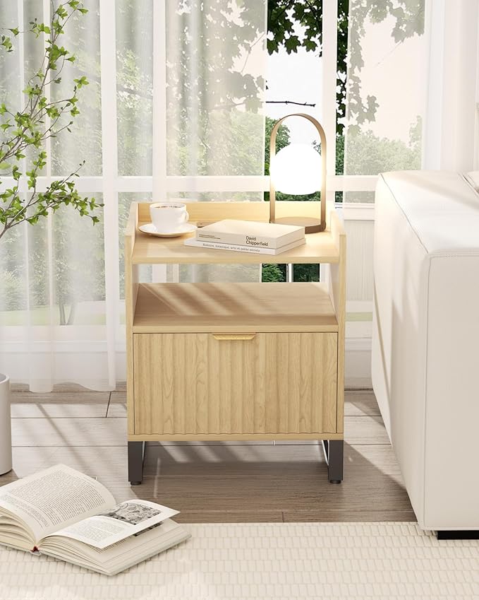 Fluted Night Stand with Charging Station, Wood Nightstand with Large Drawer and - Image 4