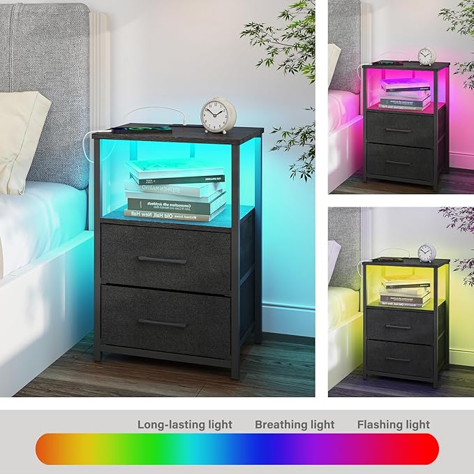TUTOTAK LED End Table with Charging Station, Nightstand with Cloth Drawer - Image 6