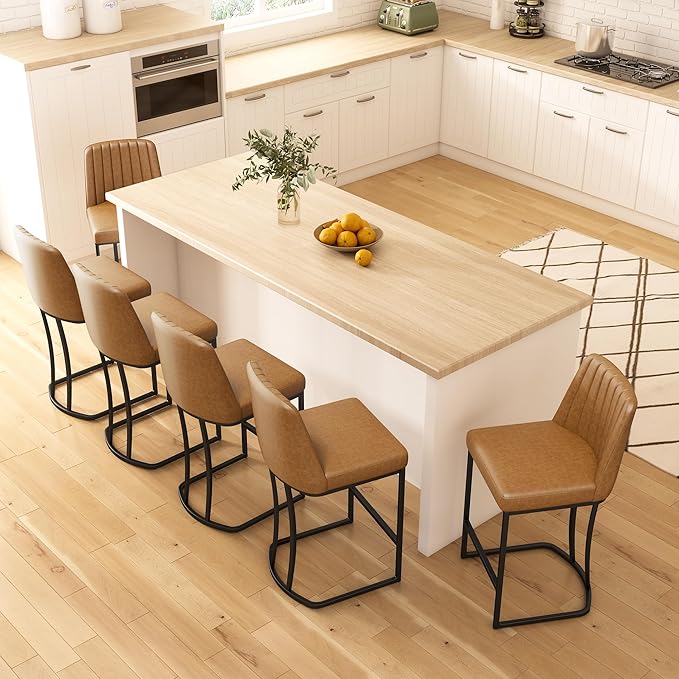 Counter Height Bar Stools Set of 6, Upholstered Leather Barrel Barstools by ErdoruLiving