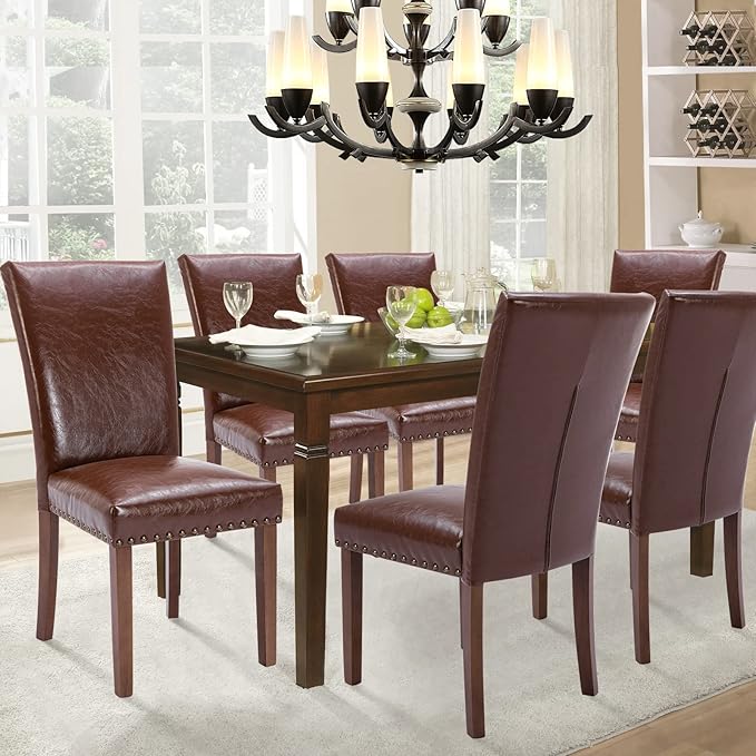 Parsons Dining Chairs Set of 6, Upholstered Nailhead PU Leather Dining Room - Image 2