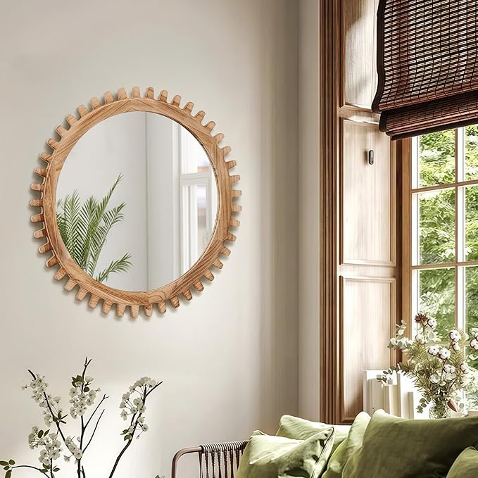 ULIKE Round Wood Mirror, 30 Inch Rustic Farmhouse Circle Mirror - Image 7