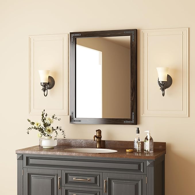 VocalStar Black Wood Framed Mirror 22 x 30 Inch, Rustic Natural Black Wooden - Image 2
