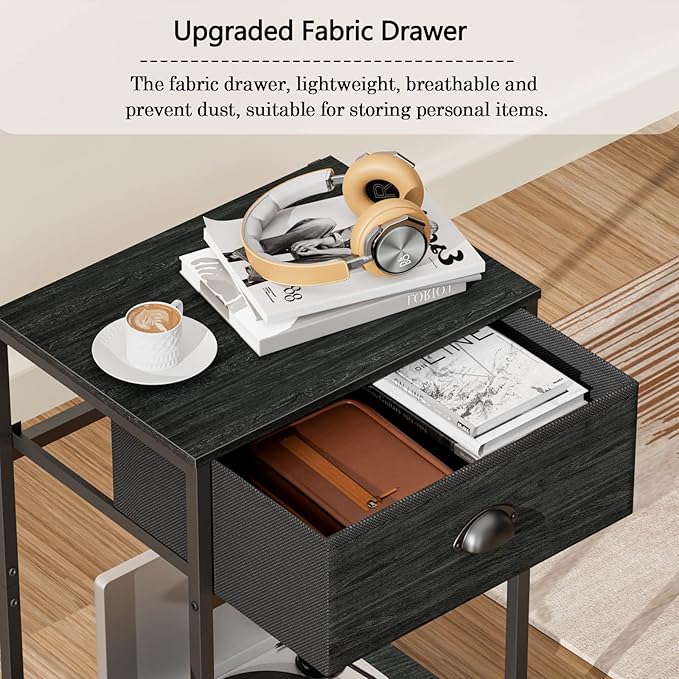 Furologee Nightstand with Fabric Drawer & Storage Shelf, Small Bedside Table - Image 5