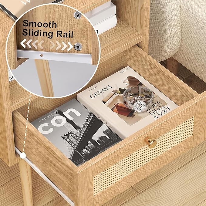 Nightstand Rattan with Charging Station, Mid Century Modern Bed Side Table - Image 3