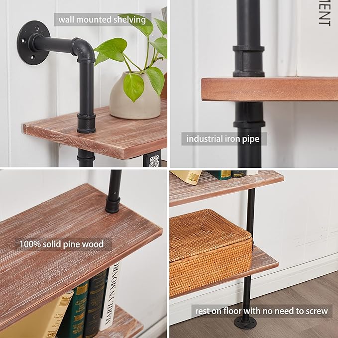 Industrial Ladder Pipe Shelf, Wall Mounted Wood Metal Bookshelf - Image 3