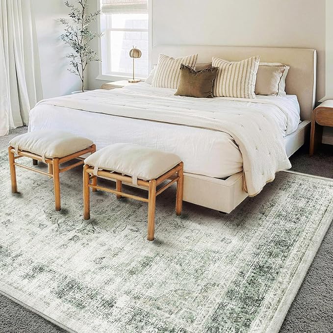 Washable Area Rug 8'x10' Floral Green Retro Boho Design Non-Shedding Non-Slip - Image 2