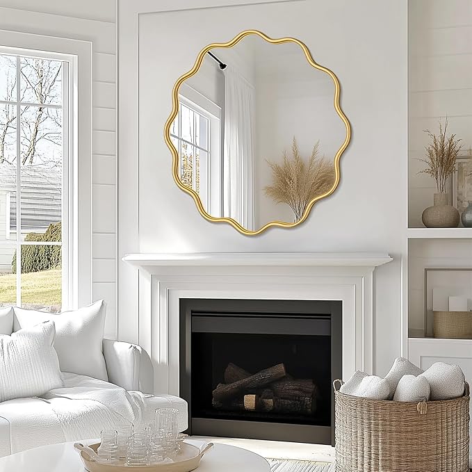 PROHOMEWARE Gold Round Mirror 32 Inch Wavy Bathroom Vanity Mirror Gold Frame - Image 5