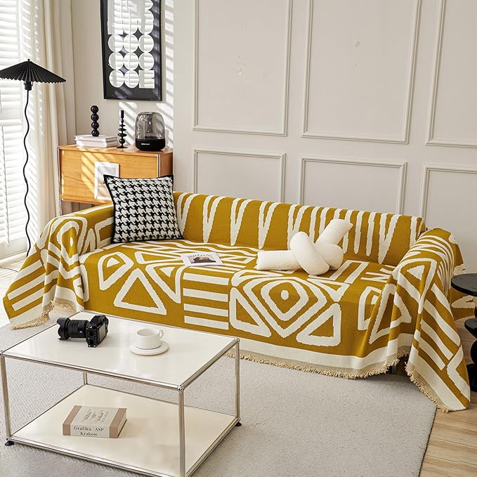 STACYPIK Mustard Yellow Boho Sofa Cover Couch Cover Reversible Jacquard - Image 2