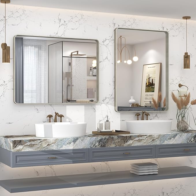 24x32 Inch Brushed Nickel Bathroom Mirror, Rounded Rectangle Silver Metal Frame - Image 6