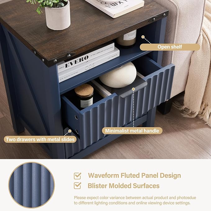 Navy Blue Nightstand with Charging Station Set of 2-20 Inch Wide Farmhouse - Image 4