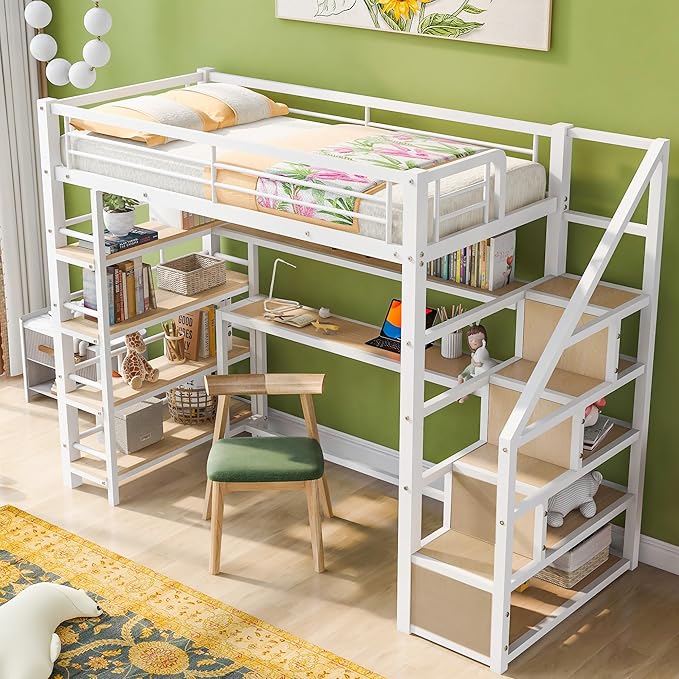 Twin Size Metal Loft Bed with Staircase, Full-Length Guardrails, a Built-in - Image 8