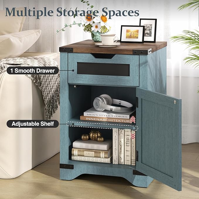 Farmhouse End Table with Charging Station, 26.4" Tall Rustic Nightstand with - Image 3