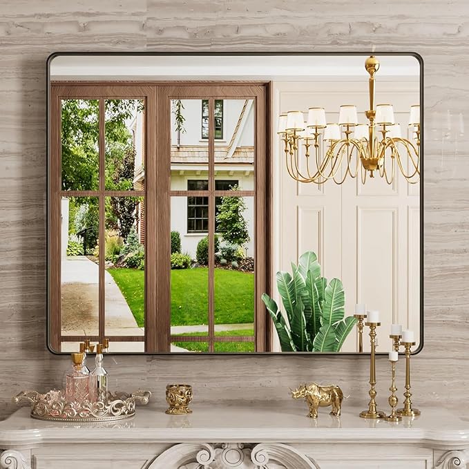 Black Bathroom Mirror 40X36 Inch, Rounded Rectangle Matte Bathroom Vanity Mirror - Image 2