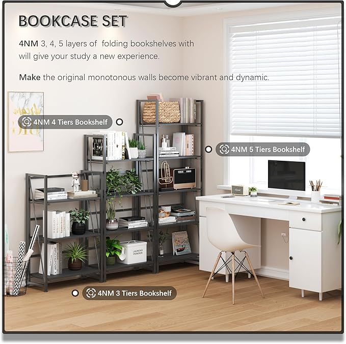 4NM No-Assembly Folding Bookshelf Storage Shelves 4 Tiers Vintage Bookcase - Image 5