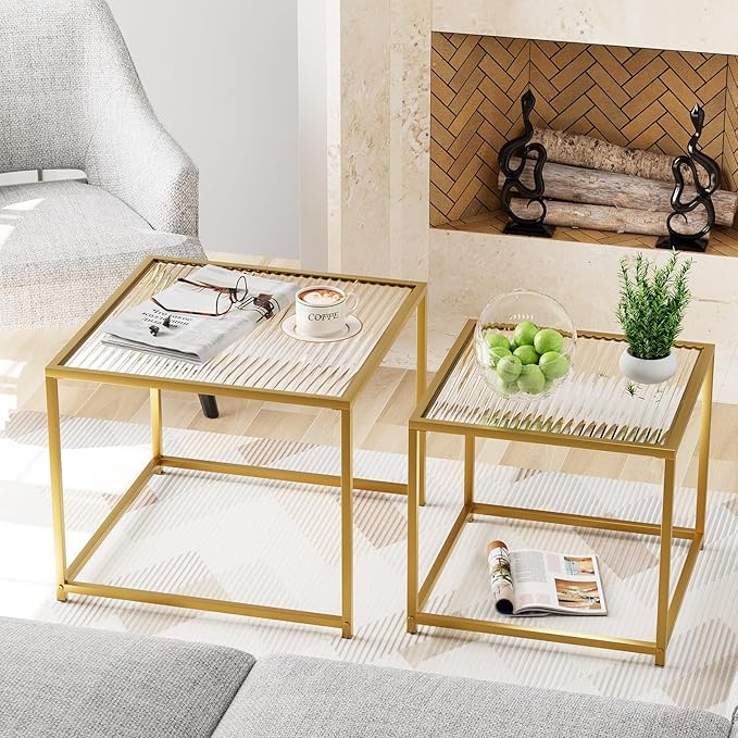 Garden 4 you Coffee Table Set of 2, Modern Patterned Glass Nesting Table - Image 4