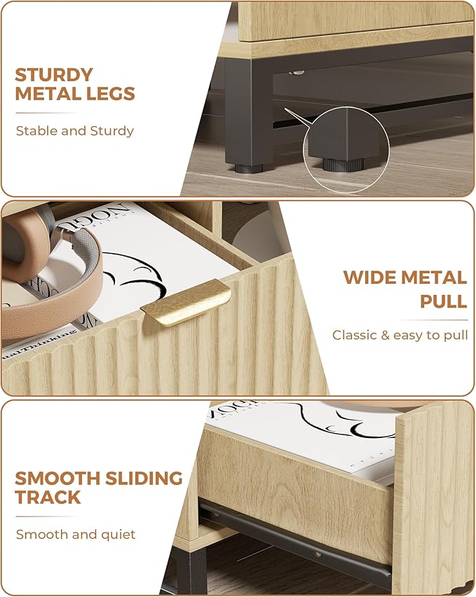 Fluted Night Stand Set 2 with Charging Station, Wood Nightstand with Large - Image 6