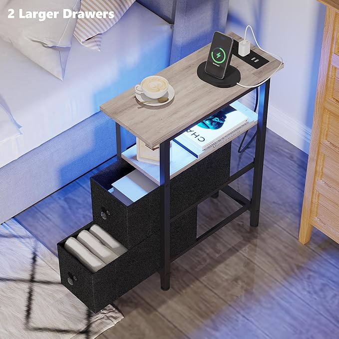 End Table with Charging Station, Narrow Side Table with 2 Fabric Drawers - Image 6