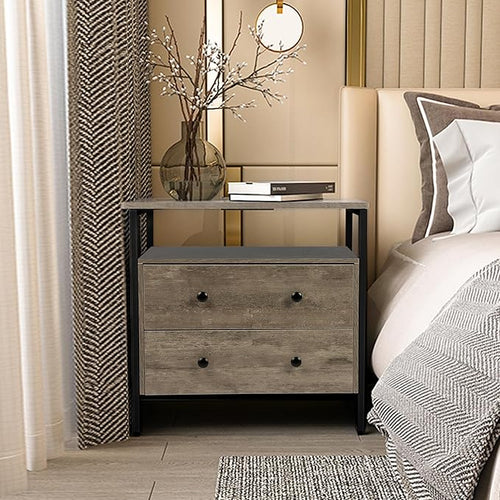 27 inch Wide Nightstand with Charging Station, Bedside Table with Open Shelf - Image 2