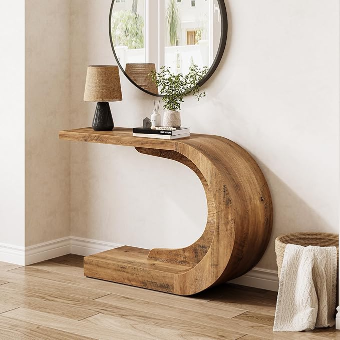 LITTLE TREE 43.3 Inches Farmhouse Console Table, 2-Tier C-Shaped Sofa Table - Image 5