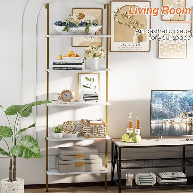5 Tiers Ladder Shelf White Marble Modern Bookshelf Open Tall Wall Mount - Image 7
