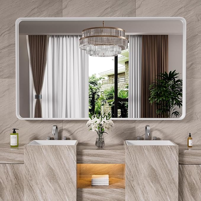 White Bathroom Mirror 50x30 Inch, Rounded Rectangle Matte Bathroom Vanity Mirror by JISOSO