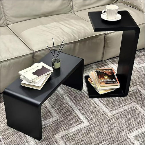 27.2" Black C Shaped Wood Tabl Set of 2, Space-Saving Slide Under Sofa Table by Unknown