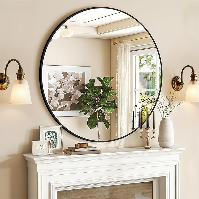 30 Inch Black Round Wall Mirror, Circle Bathroom Mirror by PUZONJIG