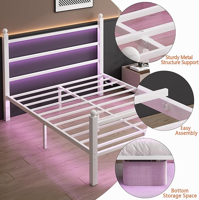 Queen Bed Frame with Headboard and Footboard, Steel Slats Support-LED Bed Frame - Image 6