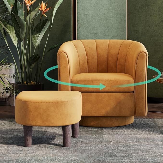 LINSY Swivel Accent Chair with Ottoman: Small Velvet Barrel Chair 360 Swivel - Image 8