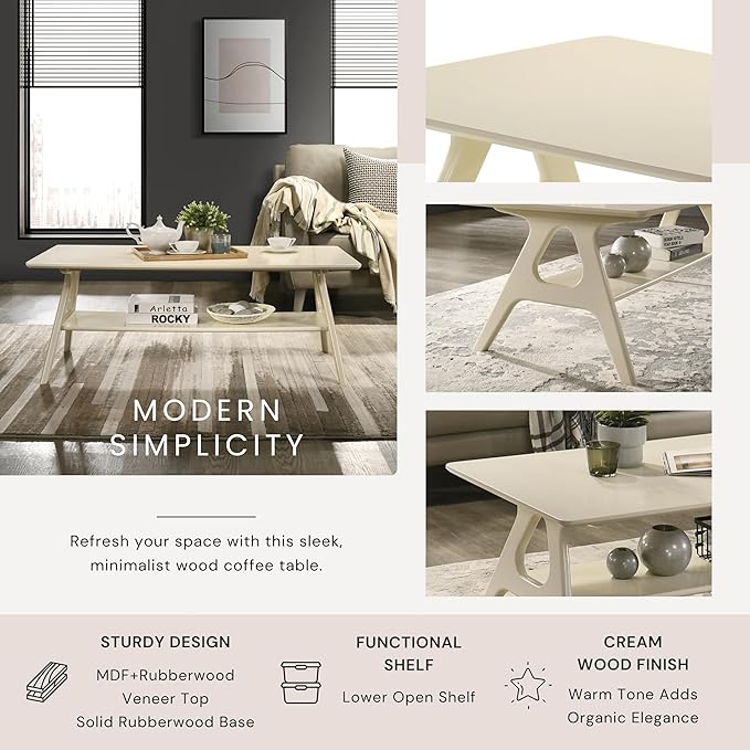 Roundhill Furniture Arona Mid-Century Modern Wood Shelf Coffee Table, Off-White - Image 4