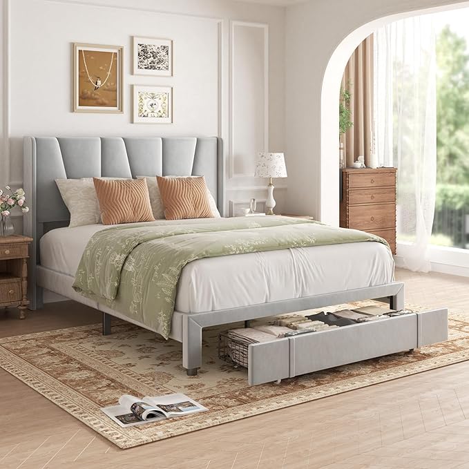 Full Bed Frame with Storage Drawers, Upholstered Platform Bed with Headboard by VIPLOV