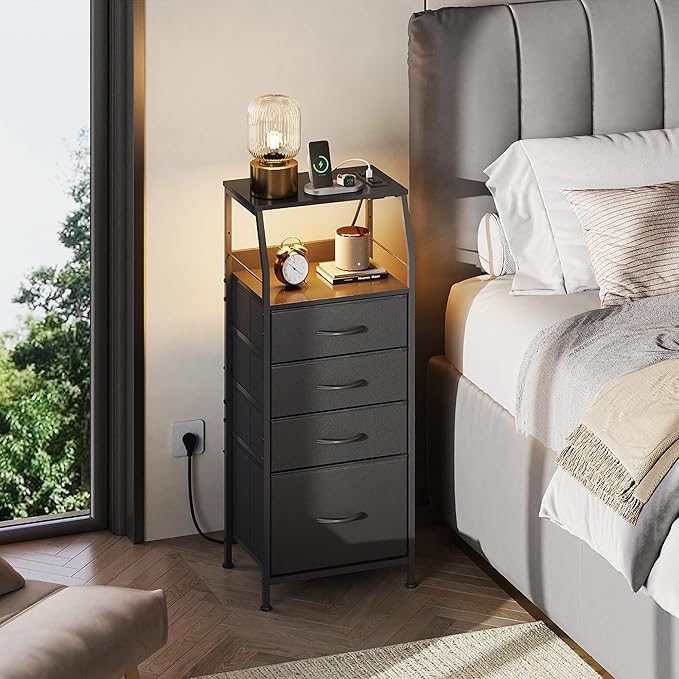 WLIVE Night Stand with Charger Station, LED Nightstand with 4 Fabric Drawers - Image 2