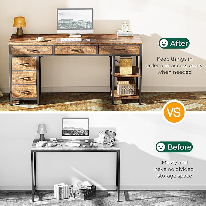 Huuger Computer Desk with 6 Drawers, 54 Inch Office Desk with Shelves, - Image 5