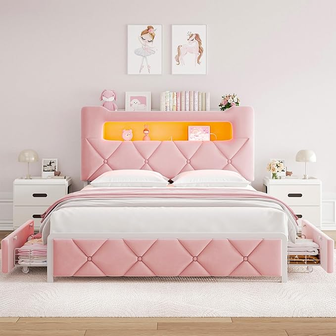 Queen Upholstered LED Bed Frame - Image 7