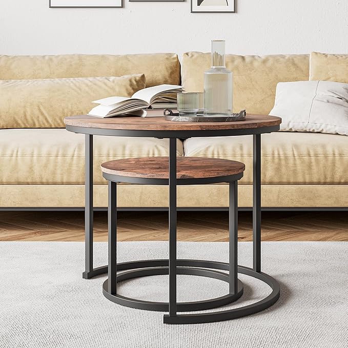 Round Coffee Table Set of 2 for Living Room, Nesting Tables Metal Frame/Wood - Image 3