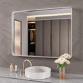 Brushed Nickel Bathroom Mirror 40x32 Inch, Brushed Silver Metal Frame Mirror by JISOSO