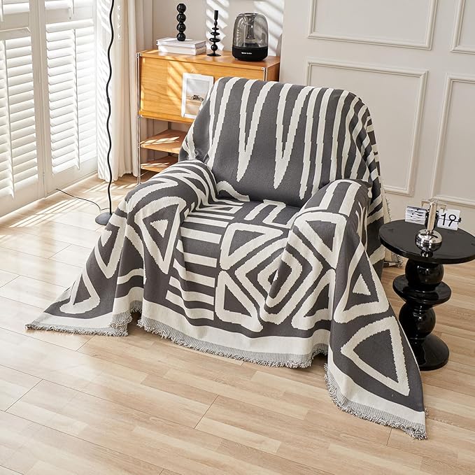 STACYPIK Thick Chenille Boho Sofa Cover Dark Grey Jacquard Geometric Sofa Cover by STACYPIK