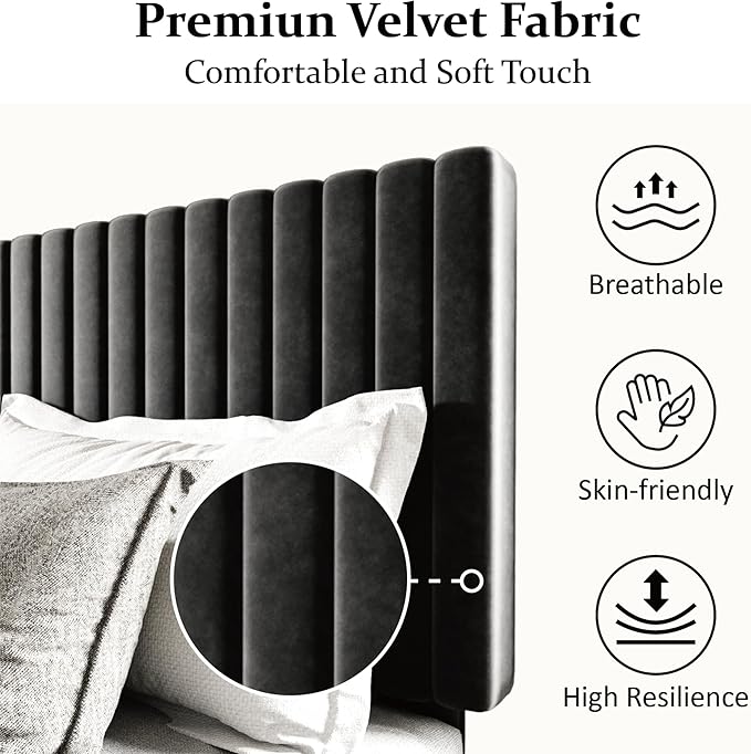 King Size Bed Frame with Velvet Upholstered Headboard, Platform Bed with Strong - Image 4