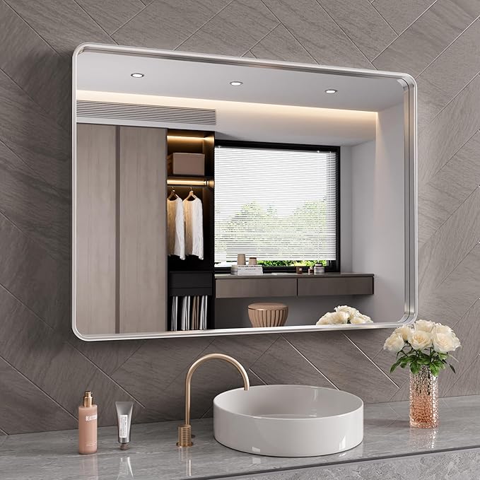 Brushed Nickel Bathroom Mirror 48x32 Inch, Brushed Silver Metal Frame Mirror by JISOSO