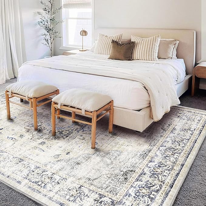 Washable Area Rug 10'x14' Floral Blue Boho Design Non-Shedding Easy Care Ideal - Image 3