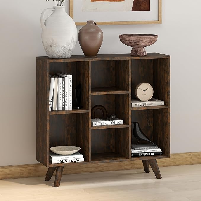 Manora Rustic Brown 7 Cube Mid Century Modern Bookshelf, Wooden Storage - Image 6